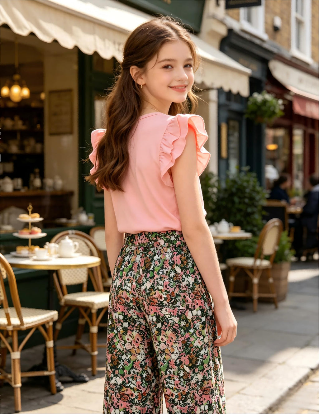 GEMLON Girls' Clothing Sets Solid Ruffle Sleeve Tank Top and Printed Wide Leg Pant 2 Piece Set Summer Outfits for Girls 5-14Y