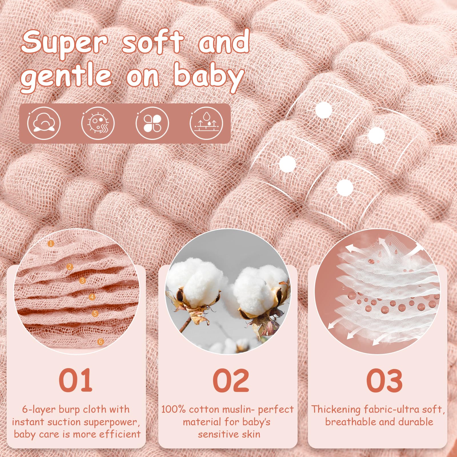 Looxii Muslin Burp Cloths Baby Girl 6 Pack - 20" x 10" - Ultra Soft & Absorbent, 6-Layer 100% Cotton for Spit Up & Drool- Gentle Baby Burping Cloth, Newborn Essentials Shower Gift Girl, Gradient Pink