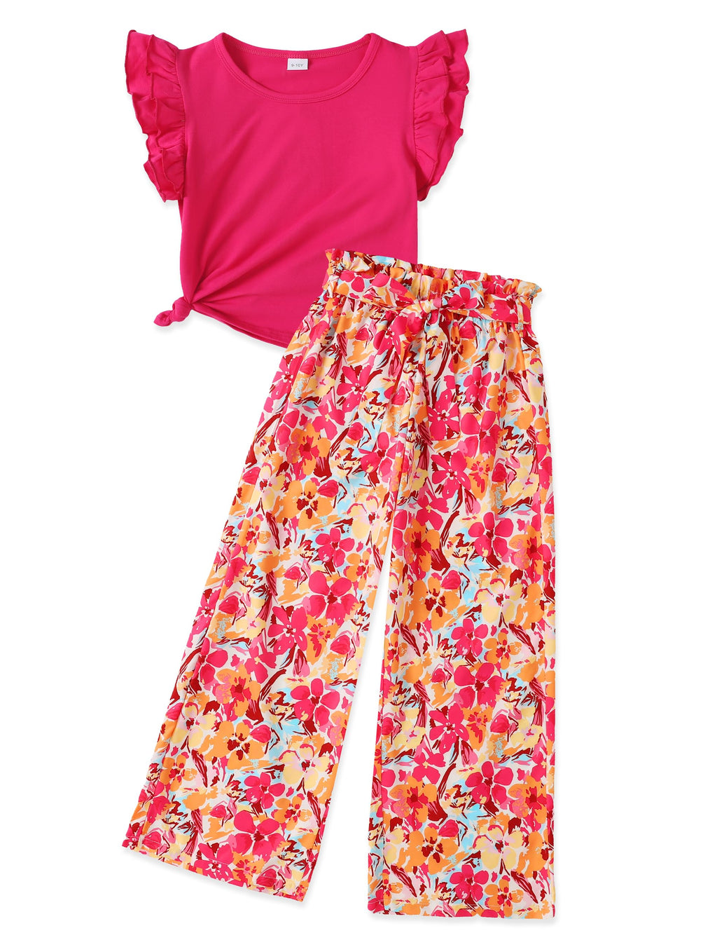 GEMLON Girls' Clothing Sets Solid Ruffle Sleeve Tank Top and Printed Wide Leg Pant 2 Piece Set Summer Outfits for Girls 5-14Y