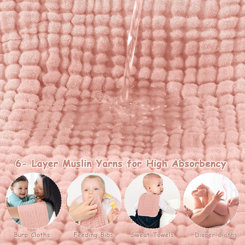 Looxii Muslin Burp Cloths Baby Girl 6 Pack - 20" x 10" - Ultra Soft & Absorbent, 6-Layer 100% Cotton for Spit Up & Drool- Gentle Baby Burping Cloth, Newborn Essentials Shower Gift Girl, Gradient Pink