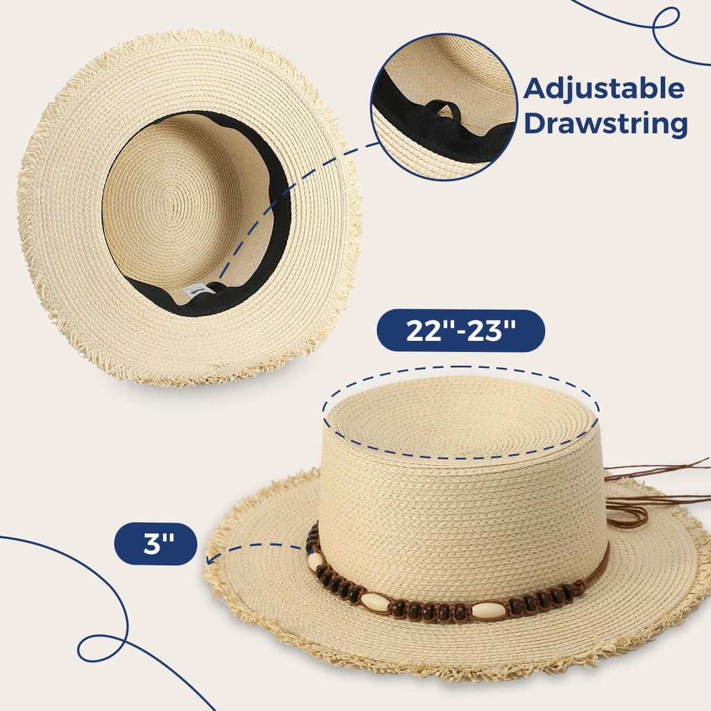 ACUSHLA Straw Sun Hat for Women Wide Brim Adjustable Boho Summer Beach Hats with Bow Vintage Fedora Panama UPF 50+