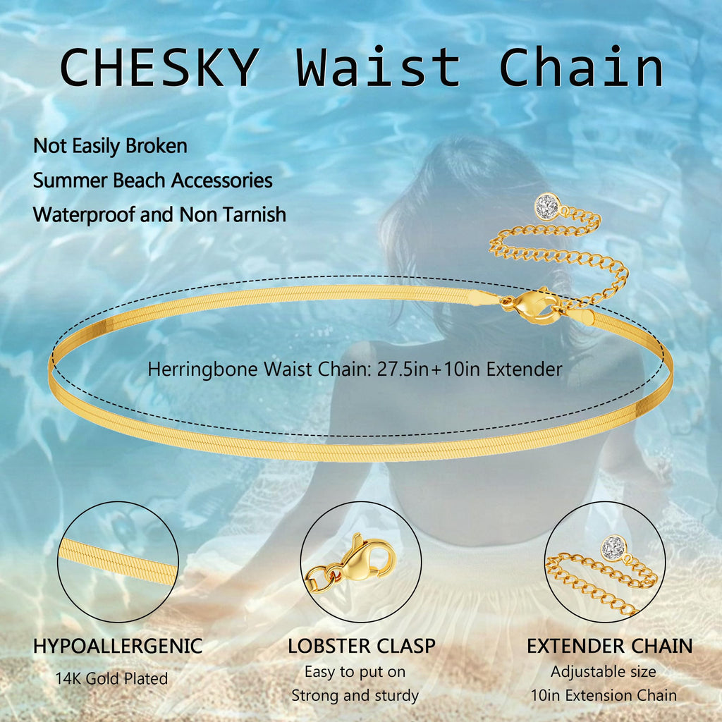CHESKY 14K Gold Plated Silver Plated Waist Chain for Women, Layered Belly Belt Chains Beach Waist Beads Chain Waterproof Snake Cuban Body Chain Summer Jewelry Accessories for Women