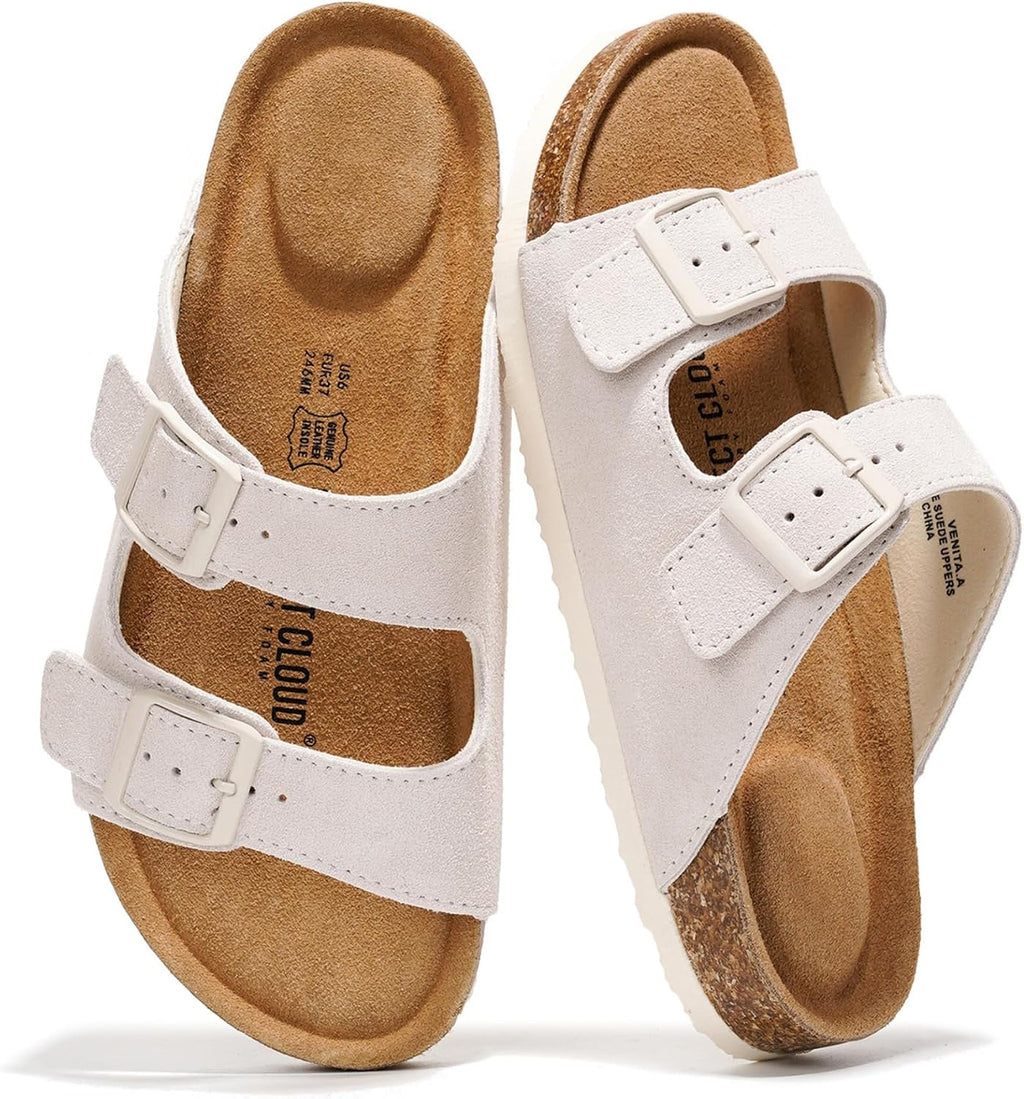 Project Cloud 100% Genuine Leather Flat Sandals For Women 2026 Cork Footbed Womens Sandals with Memory Foam and arch support Vacation Essentials Slides for Women Footwear (Venita)
