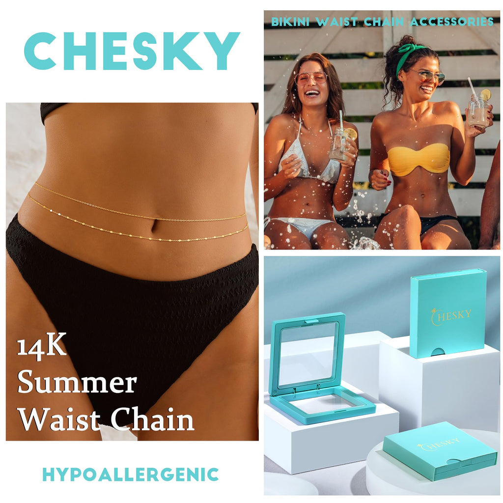 CHESKY 14K Gold Plated Silver Plated Waist Chain for Women, Layered Belly Belt Chains Beach Waist Beads Chain Waterproof Snake Cuban Body Chain Summer Jewelry Accessories for Women