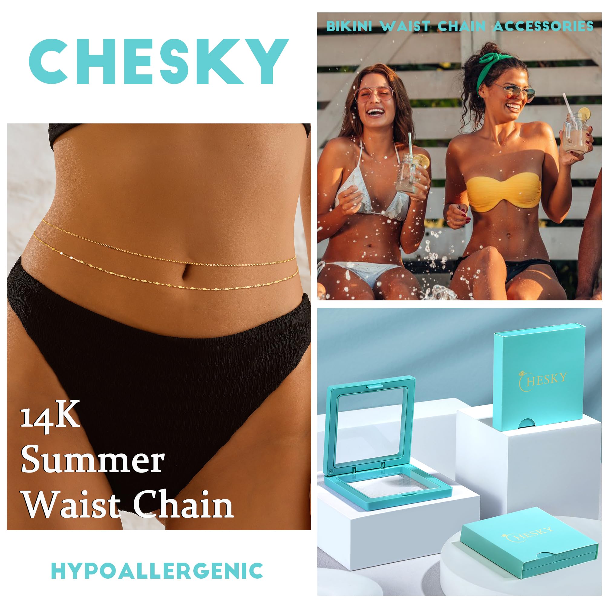 CHESKY 14K Gold Plated Silver Plated Waist Chain for Women, Layered Belly Belt Chains Beach Waist Beads Chain Waterproof Snake Cuban Body Chain Summer Jewelry Accessories for Women