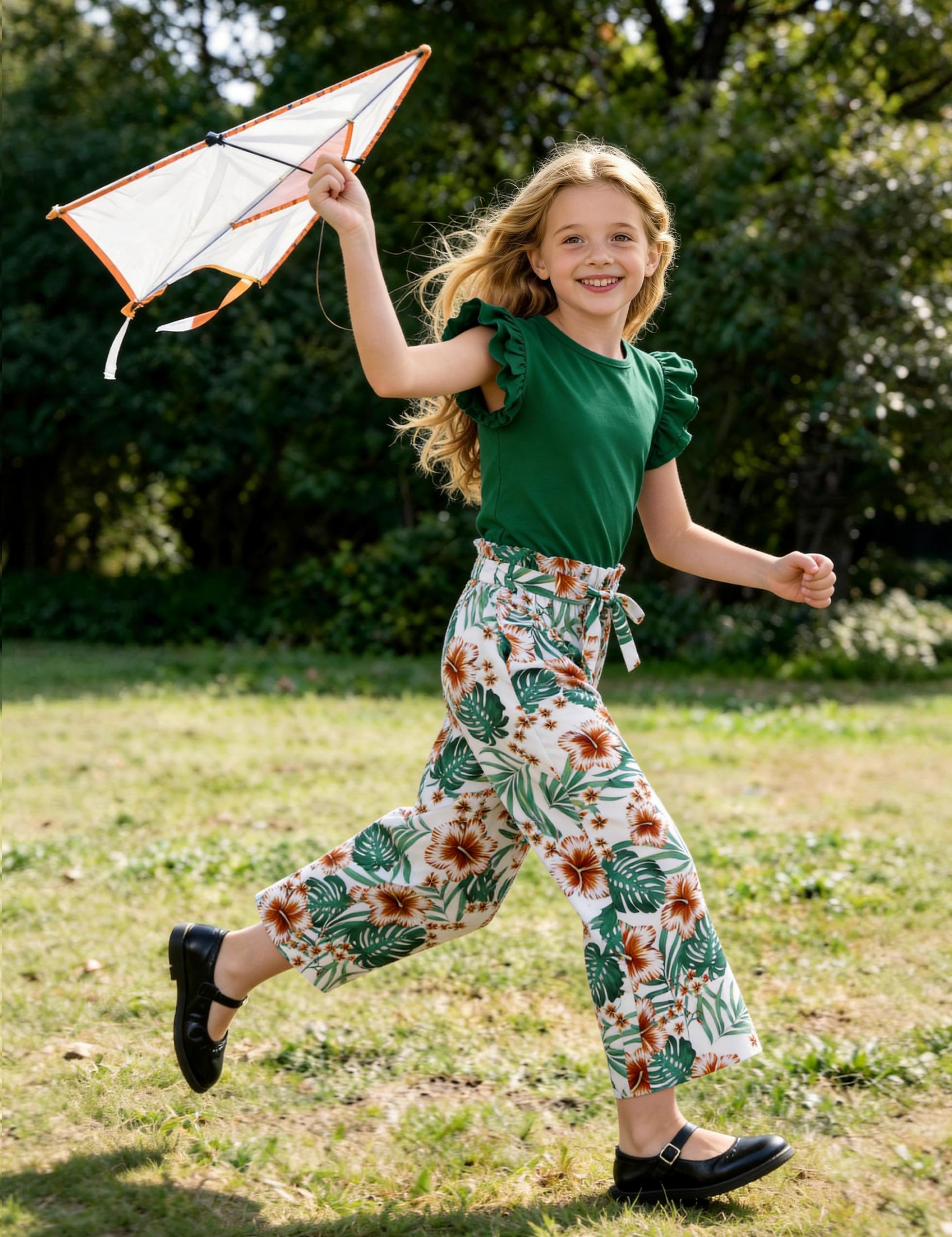 GEMLON Girls' Clothing Sets Solid Ruffle Sleeve Tank Top and Printed Wide Leg Pant 2 Piece Set Summer Outfits for Girls 5-14Y