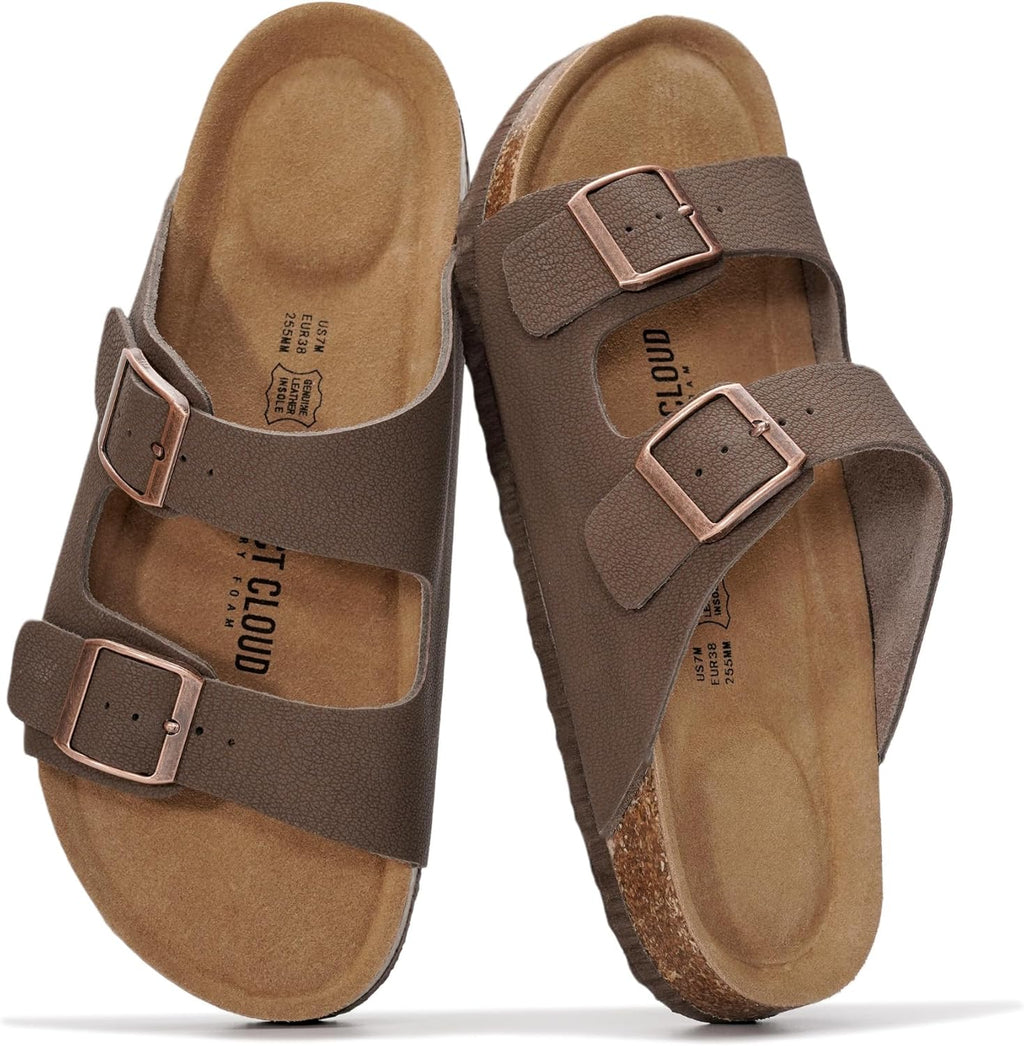 Project Cloud 100% Genuine Leather Flat Sandals For Women 2026 Cork Footbed Womens Sandals with Memory Foam and arch support Vacation Essentials Slides for Women Footwear (Venita)