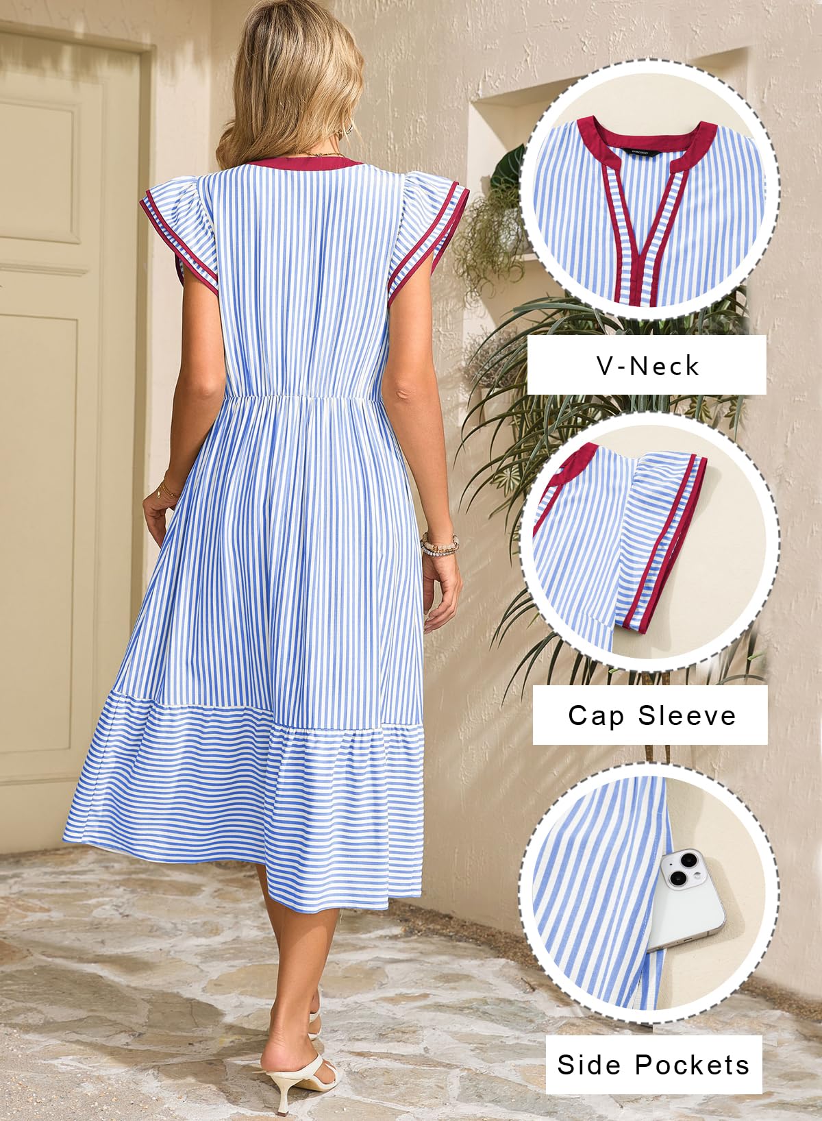 Dokotoo Womens Dresses 2026 Summer V-Neck Ruffle Cap Sleeve Empire Waist Flowy Striped Beach Midi Maxi Dress with Pockets