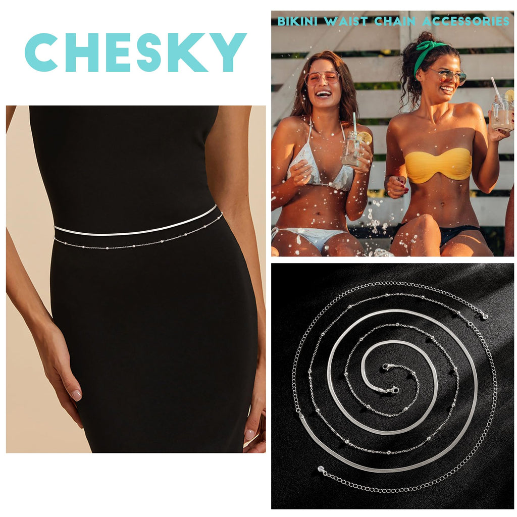 CHESKY 14K Gold Plated Silver Plated Waist Chain for Women, Layered Belly Belt Chains Beach Waist Beads Chain Waterproof Snake Cuban Body Chain Summer Jewelry Accessories for Women