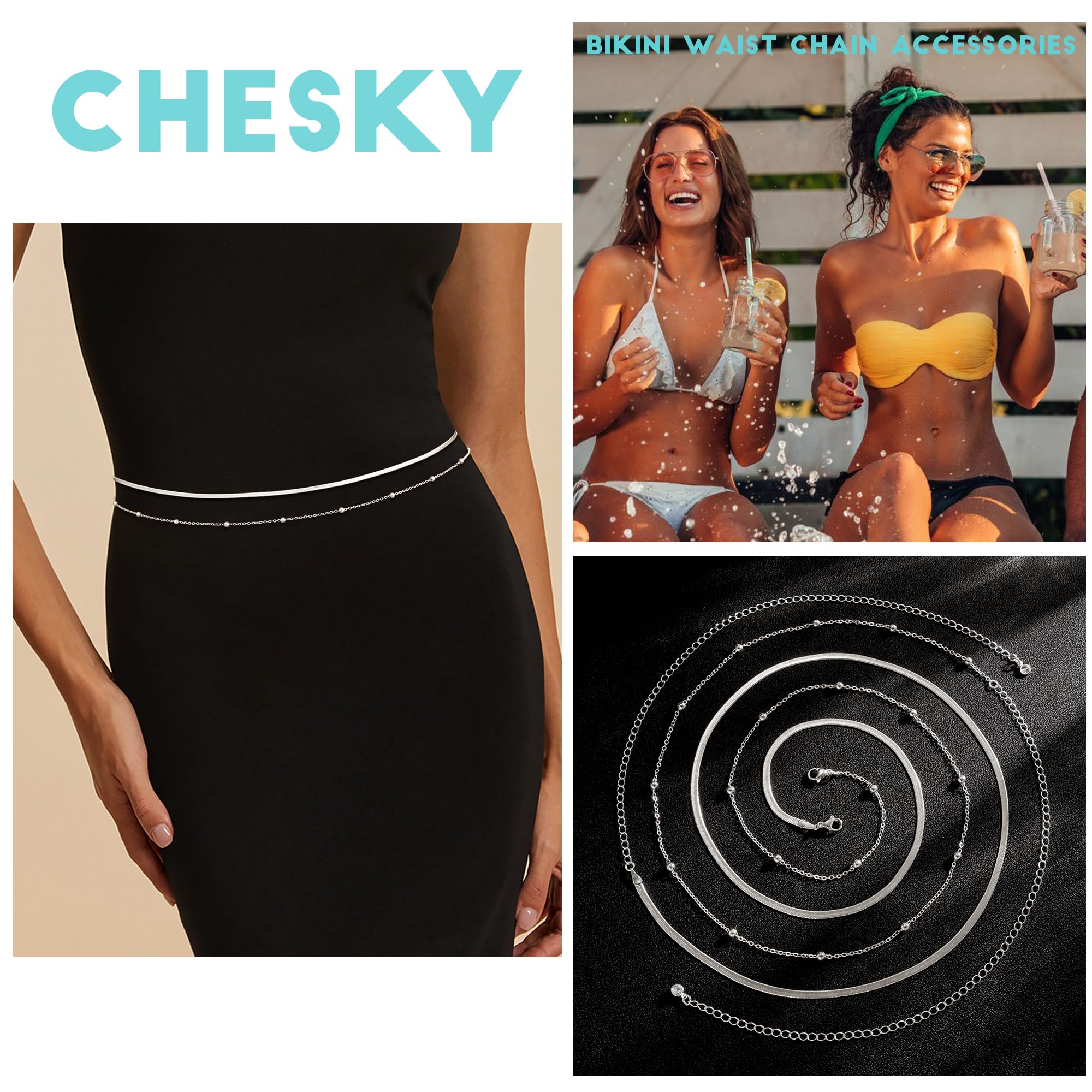 CHESKY 14K Gold Plated Silver Plated Waist Chain for Women, Layered Belly Belt Chains Beach Waist Beads Chain Waterproof Snake Cuban Body Chain Summer Jewelry Accessories for Women