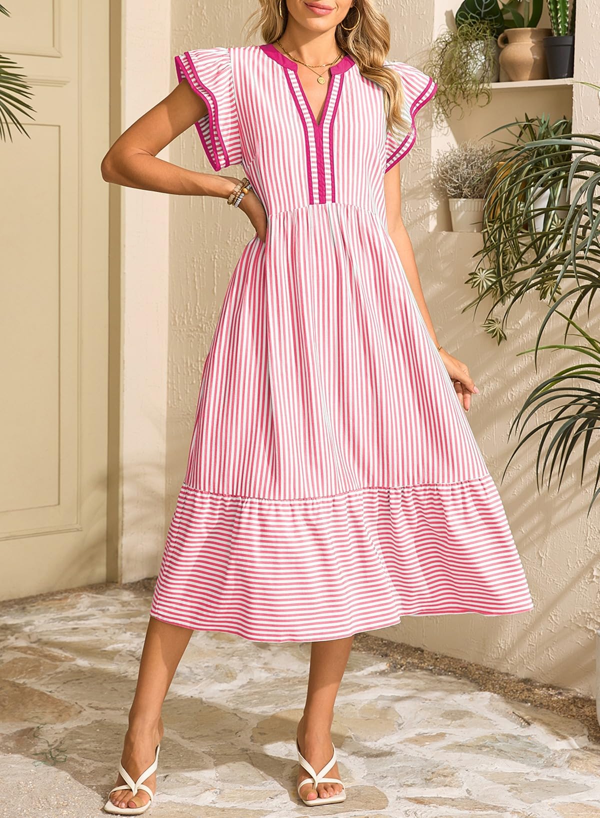 Dokotoo Womens Dresses 2026 Summer V-Neck Ruffle Cap Sleeve Empire Waist Flowy Striped Beach Midi Maxi Dress with Pockets