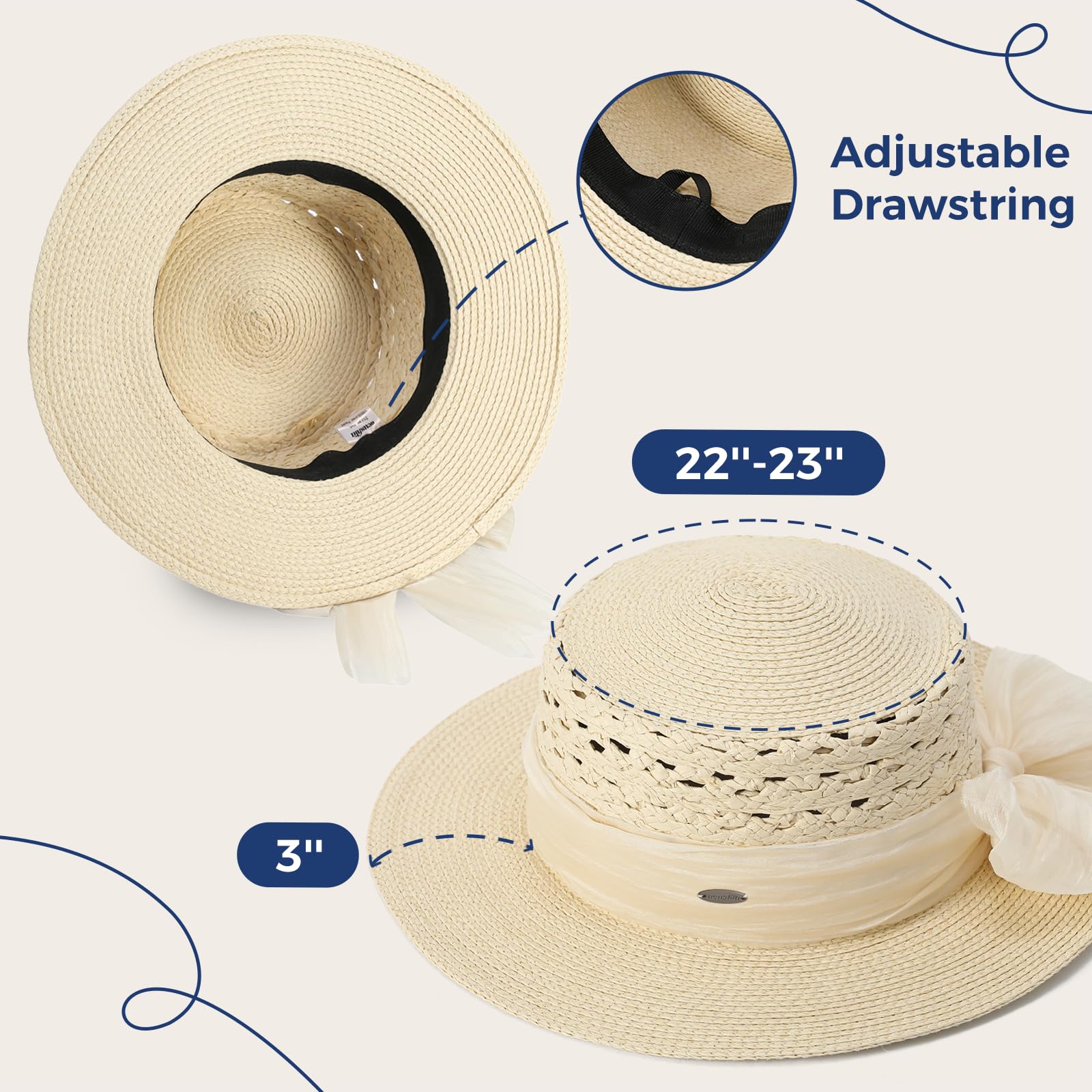 ACUSHLA Straw Sun Hat for Women Wide Brim Adjustable Boho Summer Beach Hats with Bow Vintage Fedora Panama UPF 50+