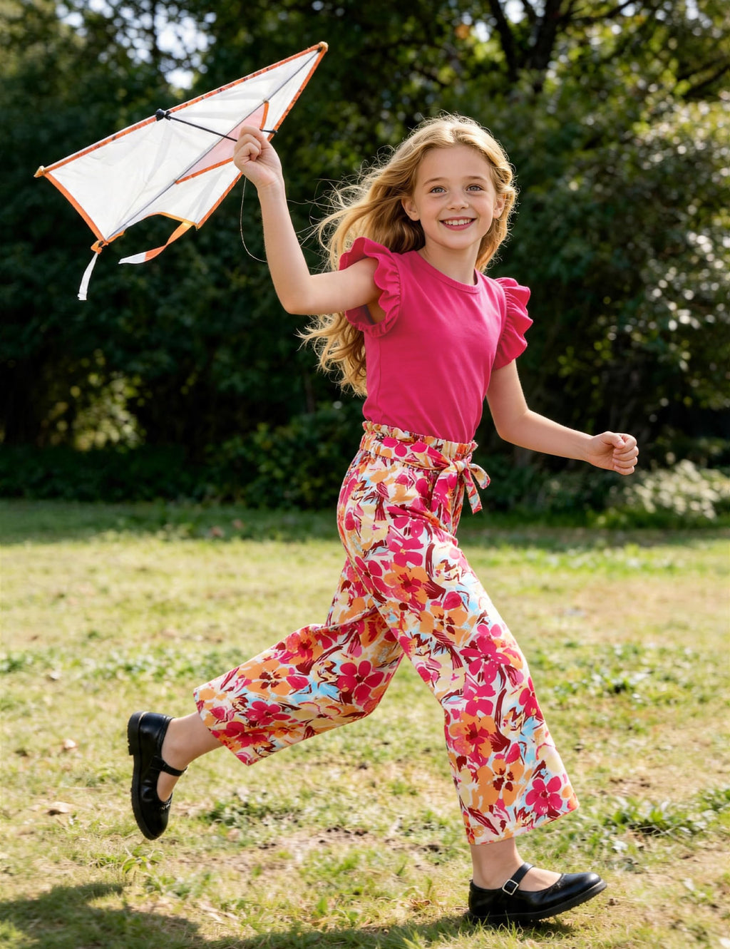 GEMLON Girls' Clothing Sets Solid Ruffle Sleeve Tank Top and Printed Wide Leg Pant 2 Piece Set Summer Outfits for Girls 5-14Y