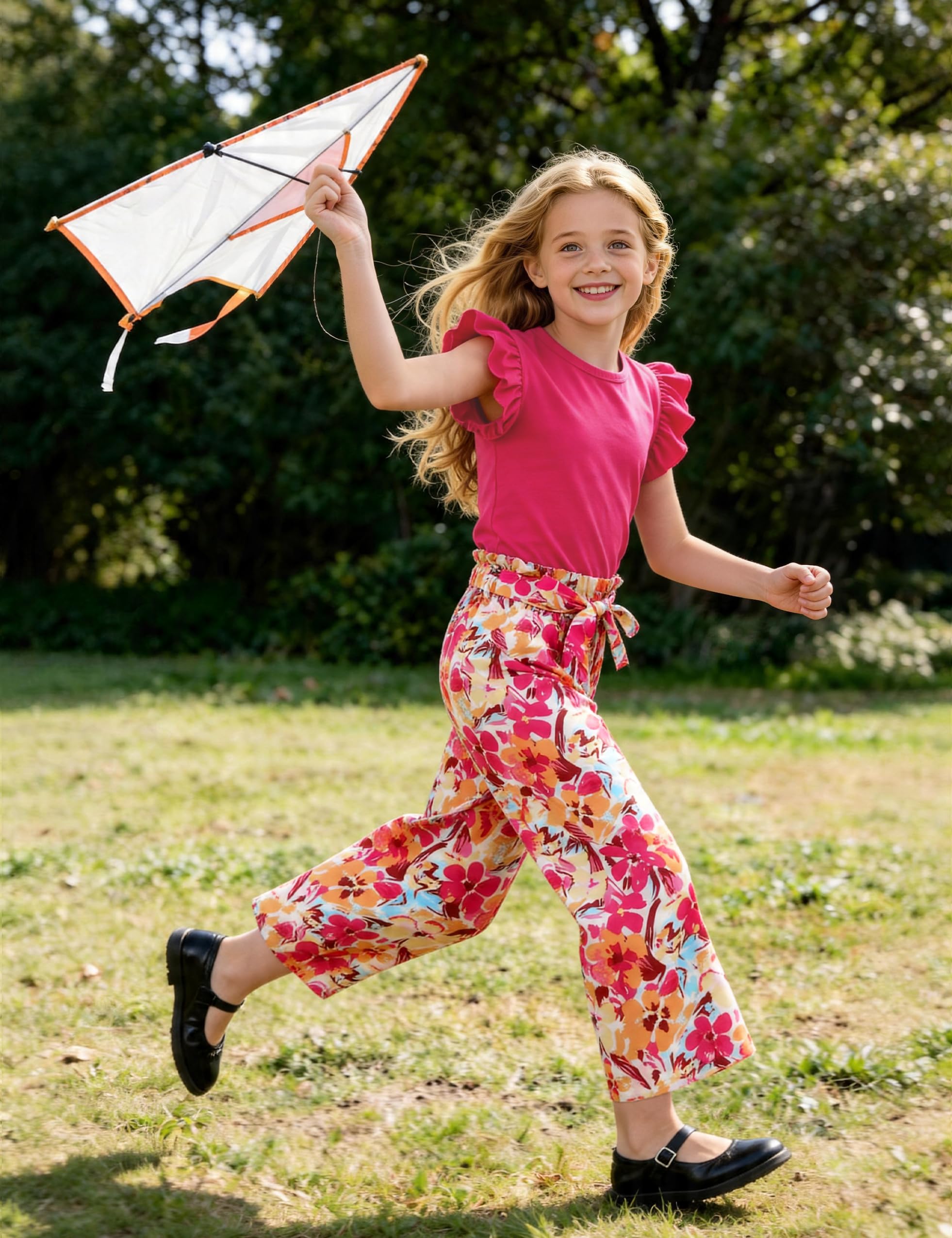 GEMLON Girls' Clothing Sets Solid Ruffle Sleeve Tank Top and Printed Wide Leg Pant 2 Piece Set Summer Outfits for Girls 5-14Y