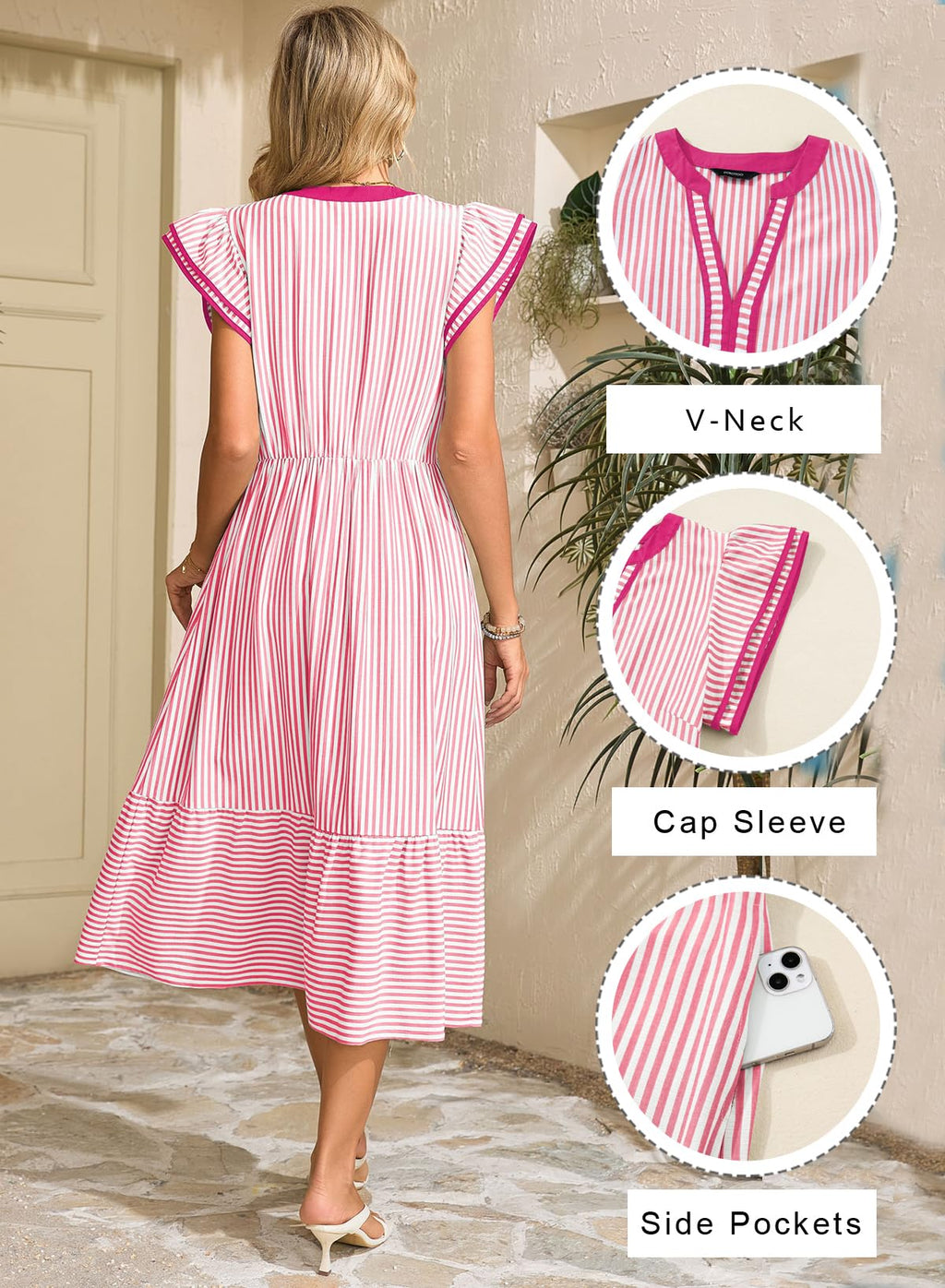 Dokotoo Womens Dresses 2026 Summer V-Neck Ruffle Cap Sleeve Empire Waist Flowy Striped Beach Midi Maxi Dress with Pockets