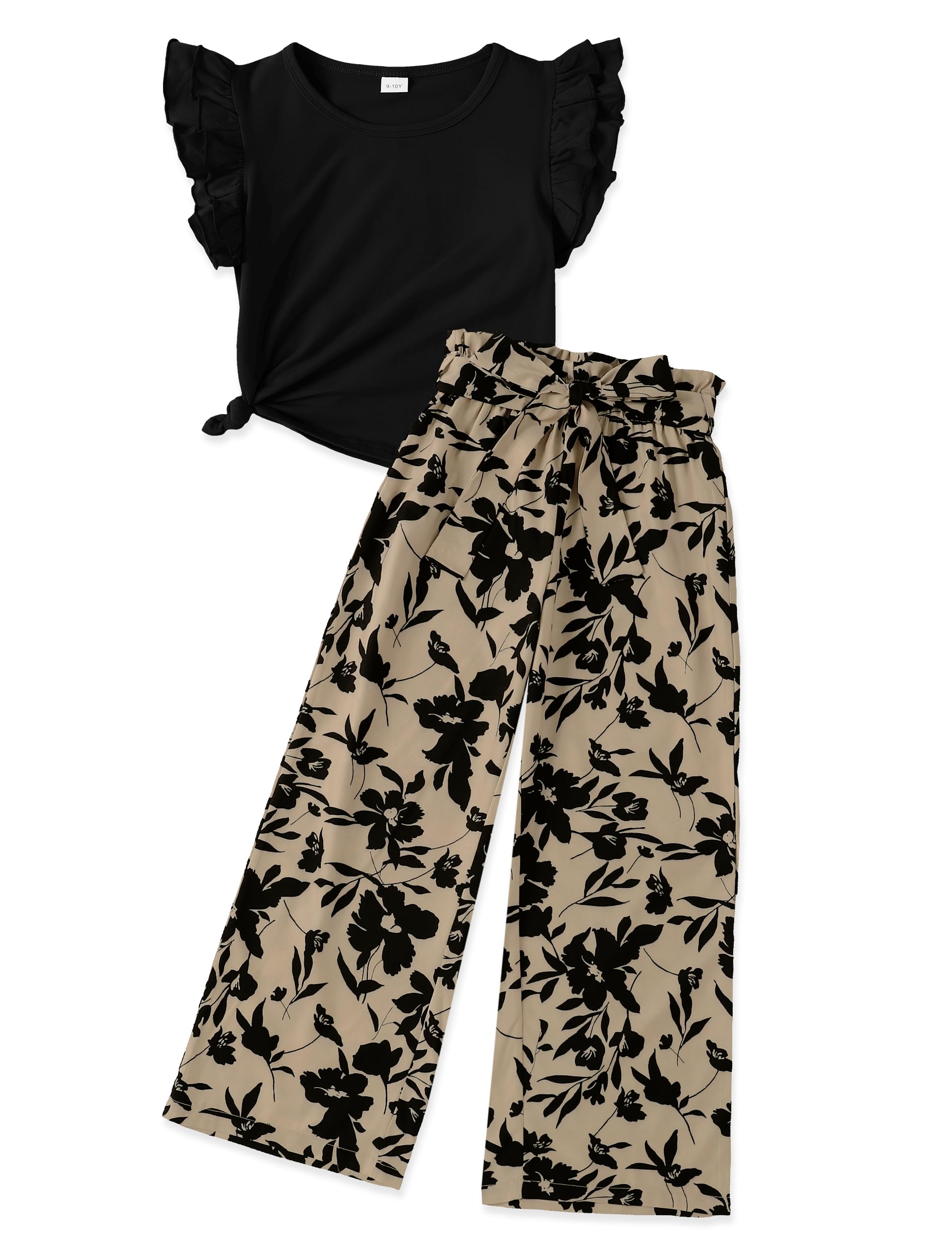 GEMLON Girls' Clothing Sets Solid Ruffle Sleeve Tank Top and Printed Wide Leg Pant 2 Piece Set Summer Outfits for Girls 5-14Y