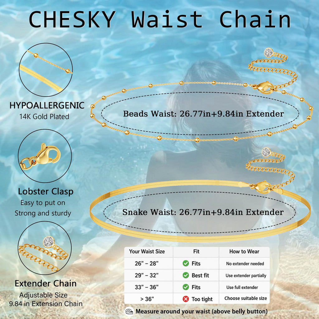 CHESKY 14K Gold Plated Silver Plated Waist Chain for Women, Layered Belly Belt Chains Beach Waist Beads Chain Waterproof Snake Cuban Body Chain Summer Jewelry Accessories for Women