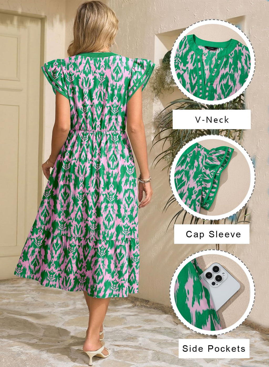 Dokotoo Womens Dresses 2026 Summer V-Neck Ruffle Cap Sleeve Empire Waist Flowy Striped Beach Midi Maxi Dress with Pockets