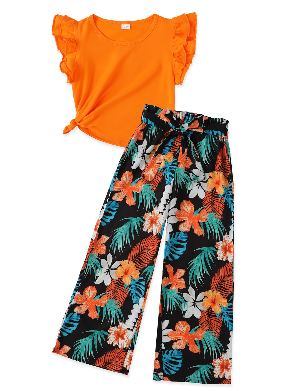 GEMLON Girls' Clothing Sets Solid Ruffle Sleeve Tank Top and Printed Wide Leg Pant 2 Piece Set Summer Outfits for Girls 5-14Y