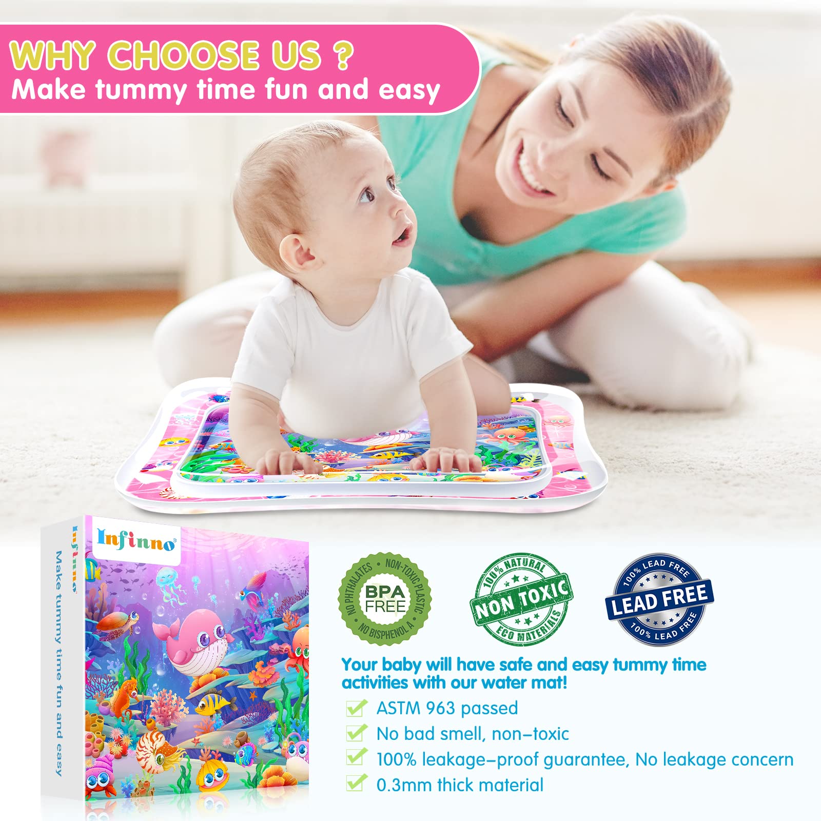 Infinno Inflatable Tummy Time Mat Premium Baby Water Play Mat for Infants and Toddlers Baby Toys for 3 to 24 Months, Strengthen Your Baby's Muscles, Portable