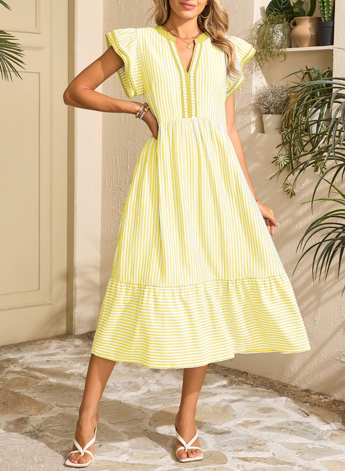 Dokotoo Womens Dresses 2026 Summer V-Neck Ruffle Cap Sleeve Empire Waist Flowy Striped Beach Midi Maxi Dress with Pockets