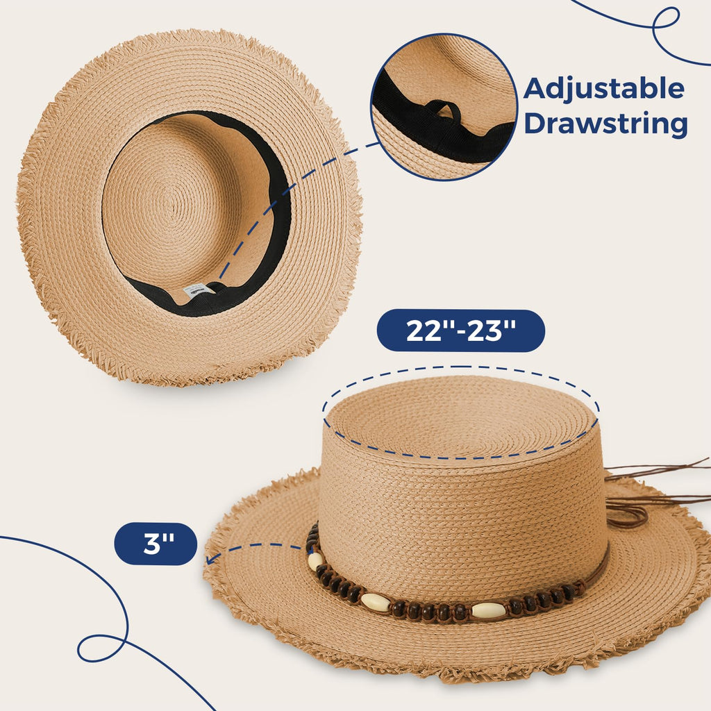 ACUSHLA Straw Sun Hat for Women Wide Brim Adjustable Boho Summer Beach Hats with Bow Vintage Fedora Panama UPF 50+