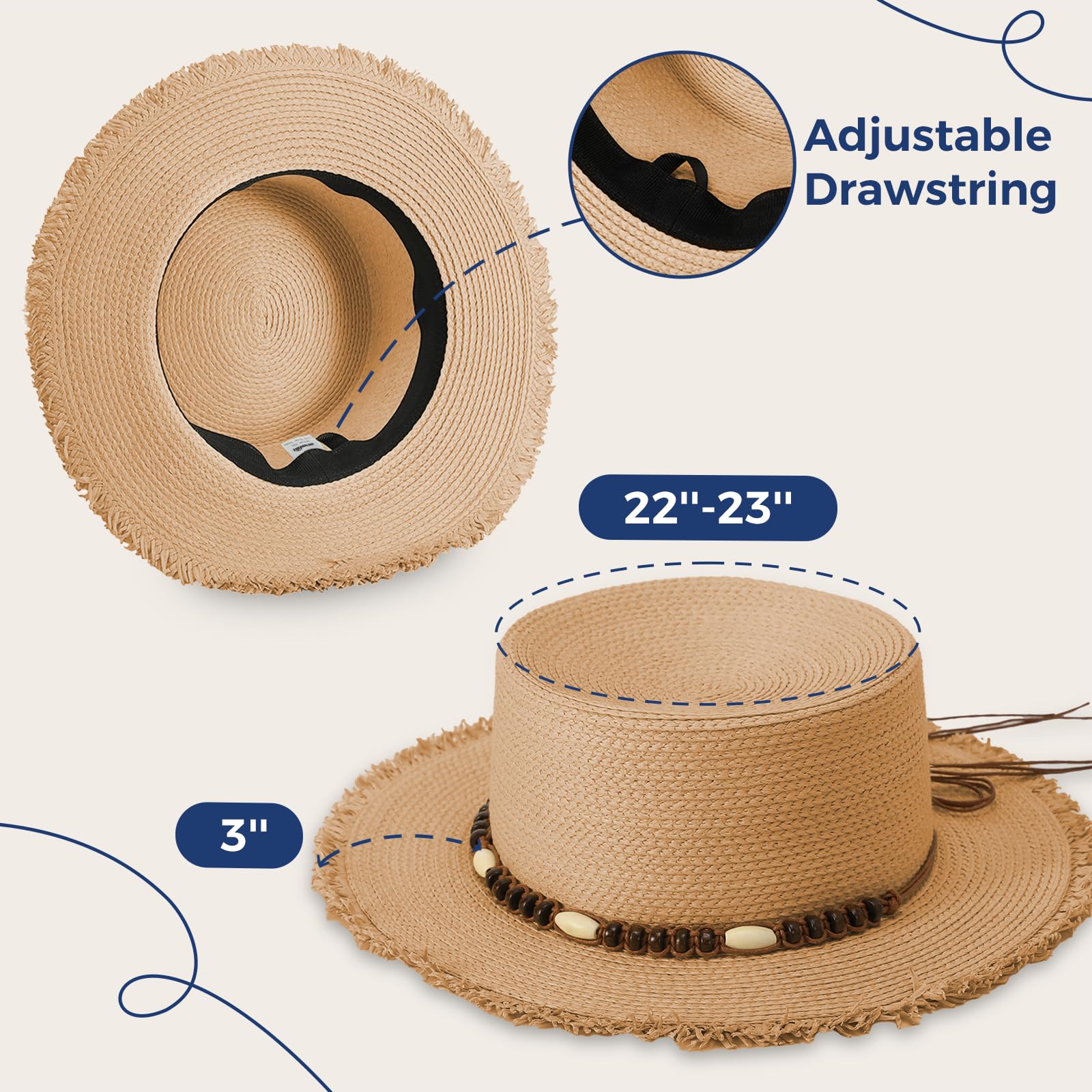 ACUSHLA Straw Sun Hat for Women Wide Brim Adjustable Boho Summer Beach Hats with Bow Vintage Fedora Panama UPF 50+