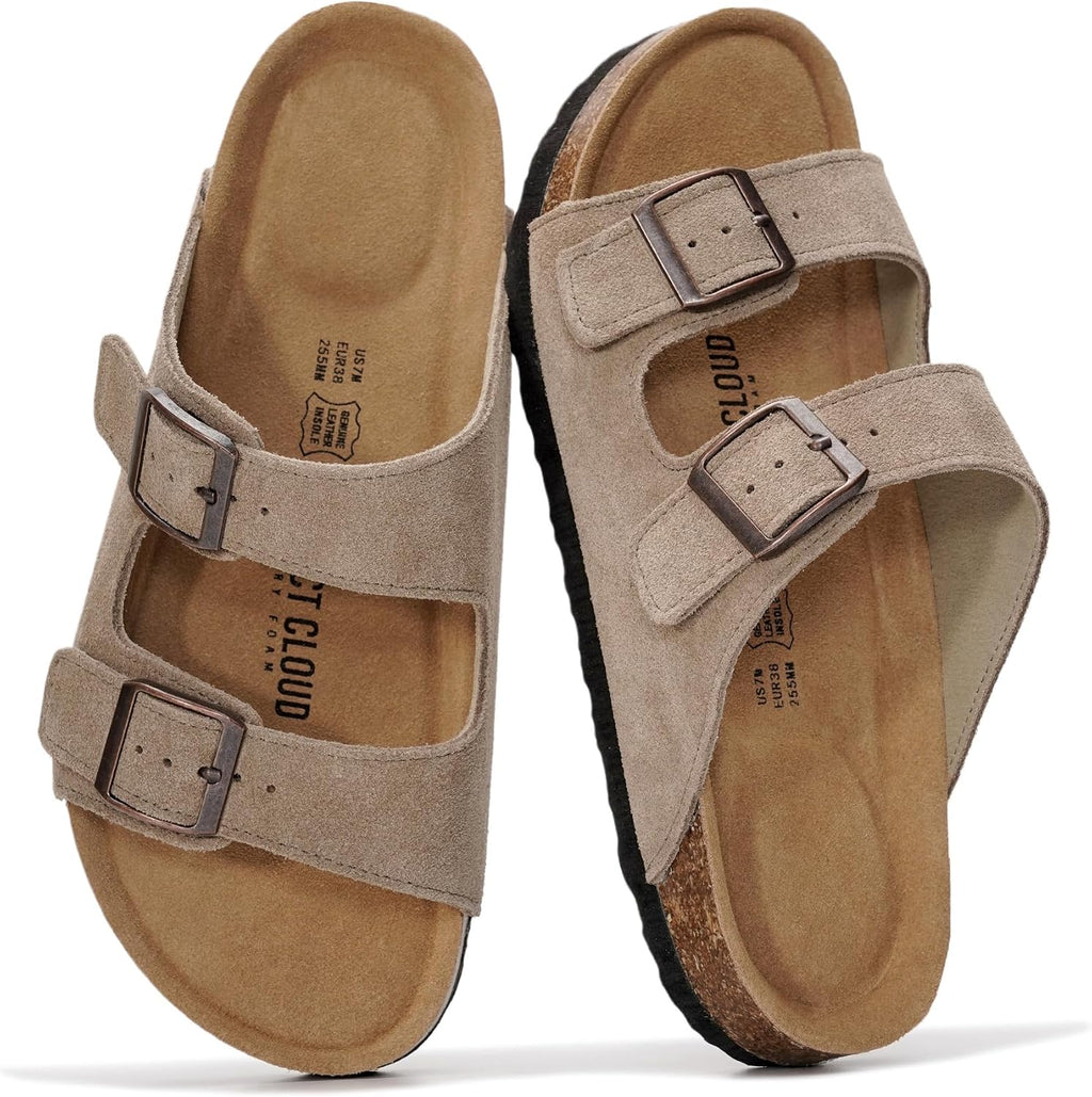 Project Cloud 100% Genuine Leather Flat Sandals For Women 2026 Cork Footbed Womens Sandals with Memory Foam and arch support Vacation Essentials Slides for Women Footwear (Venita)