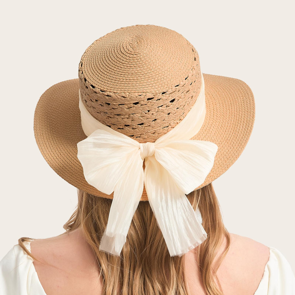 ACUSHLA Straw Sun Hat for Women Wide Brim Adjustable Boho Summer Beach Hats with Bow Vintage Fedora Panama UPF 50+