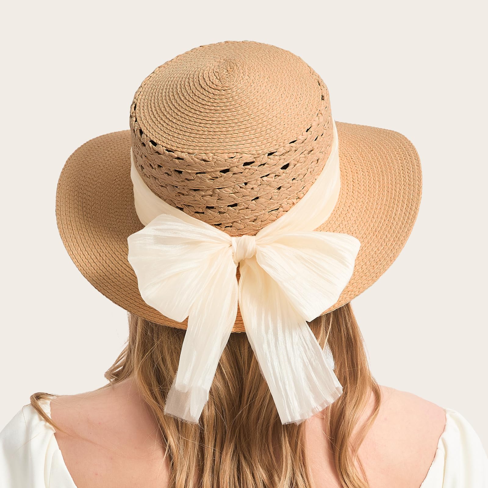 ACUSHLA Straw Sun Hat for Women Wide Brim Adjustable Boho Summer Beach Hats with Bow Vintage Fedora Panama UPF 50+