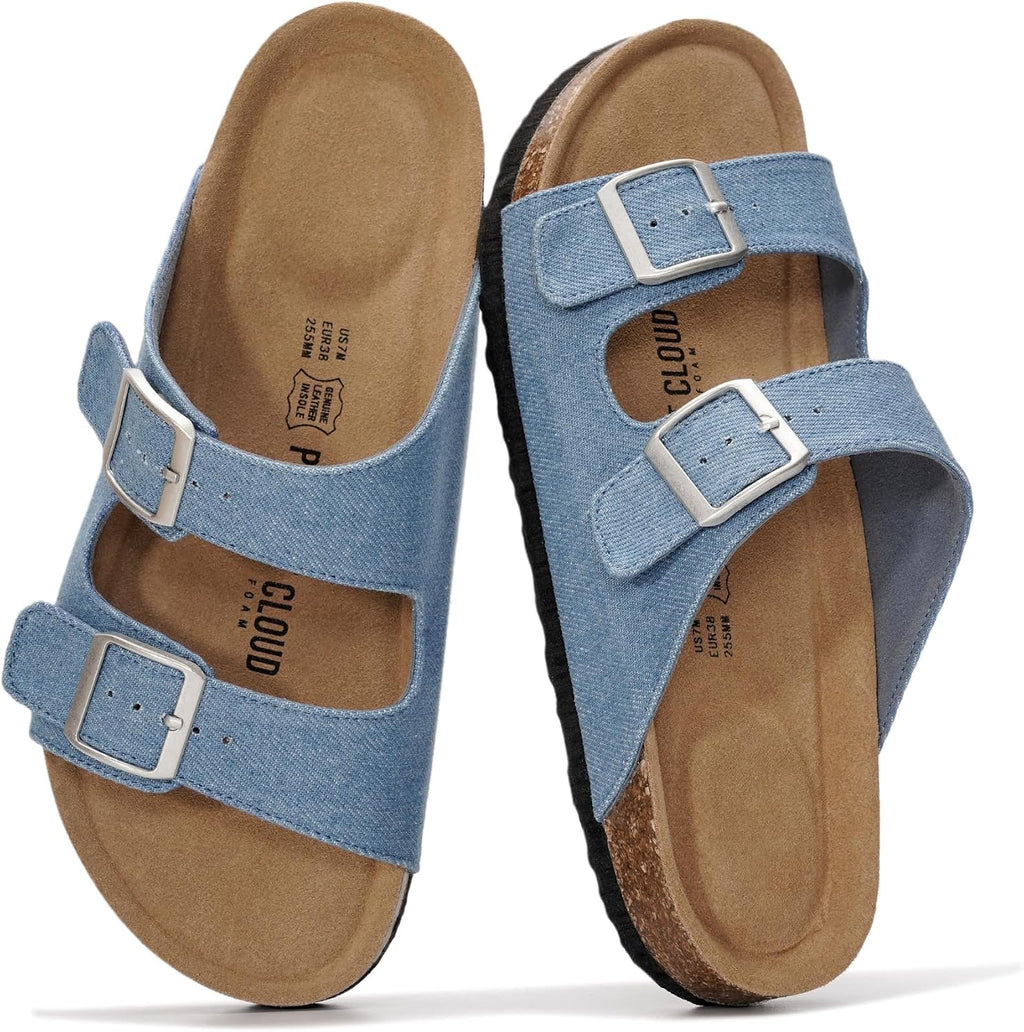 Project Cloud 100% Genuine Leather Flat Sandals For Women 2026 Cork Footbed Womens Sandals with Memory Foam and arch support Vacation Essentials Slides for Women Footwear (Venita)
