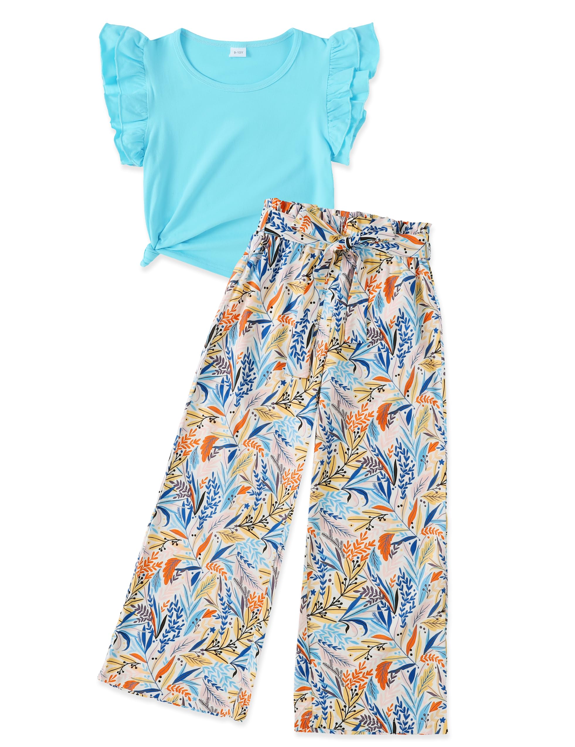 GEMLON Girls' Clothing Sets Solid Ruffle Sleeve Tank Top and Printed Wide Leg Pant 2 Piece Set Summer Outfits for Girls 5-14Y