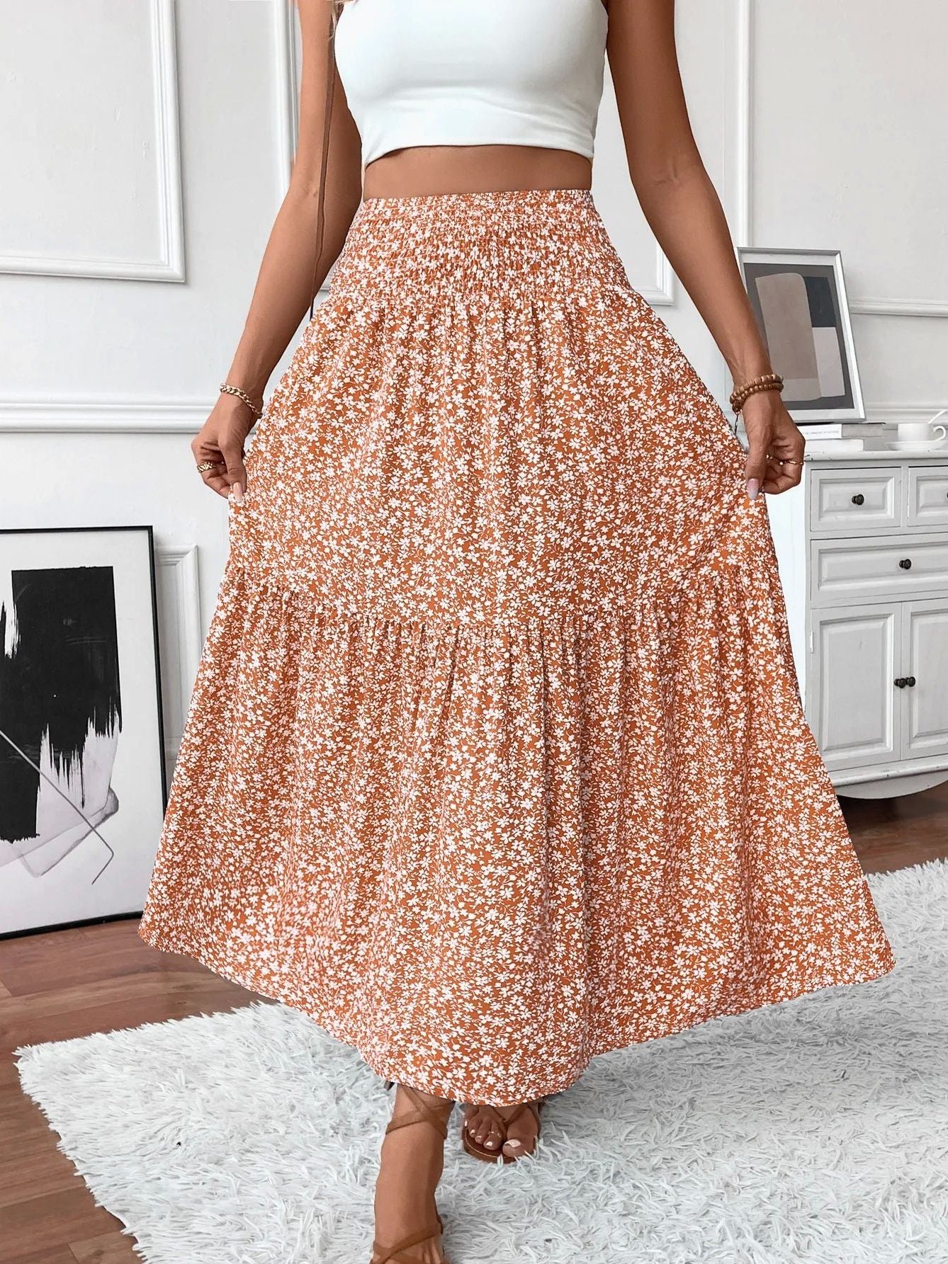 Floral Print High Waist A-line Skirt