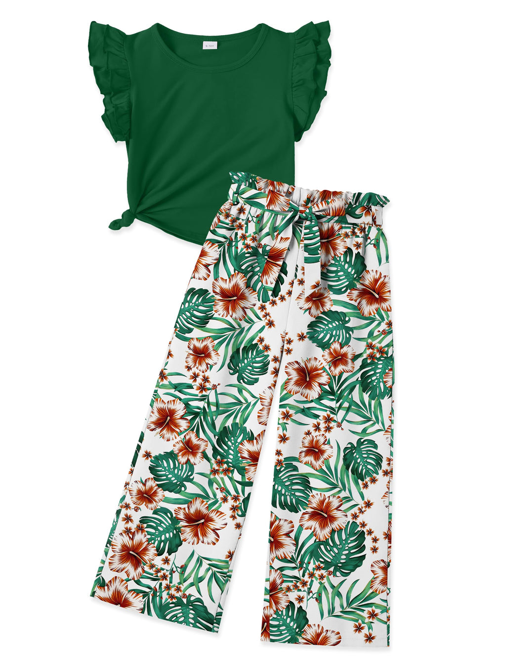 GEMLON Girls' Clothing Sets Solid Ruffle Sleeve Tank Top and Printed Wide Leg Pant 2 Piece Set Summer Outfits for Girls 5-14Y