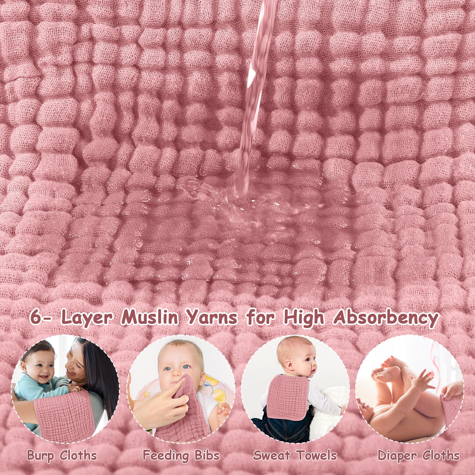 Looxii Muslin Burp Cloths Baby Girl 6 Pack - 20" x 10" - Ultra Soft & Absorbent, 6-Layer 100% Cotton for Spit Up & Drool- Gentle Baby Burping Cloth, Newborn Essentials Shower Gift Girl, Gradient Pink