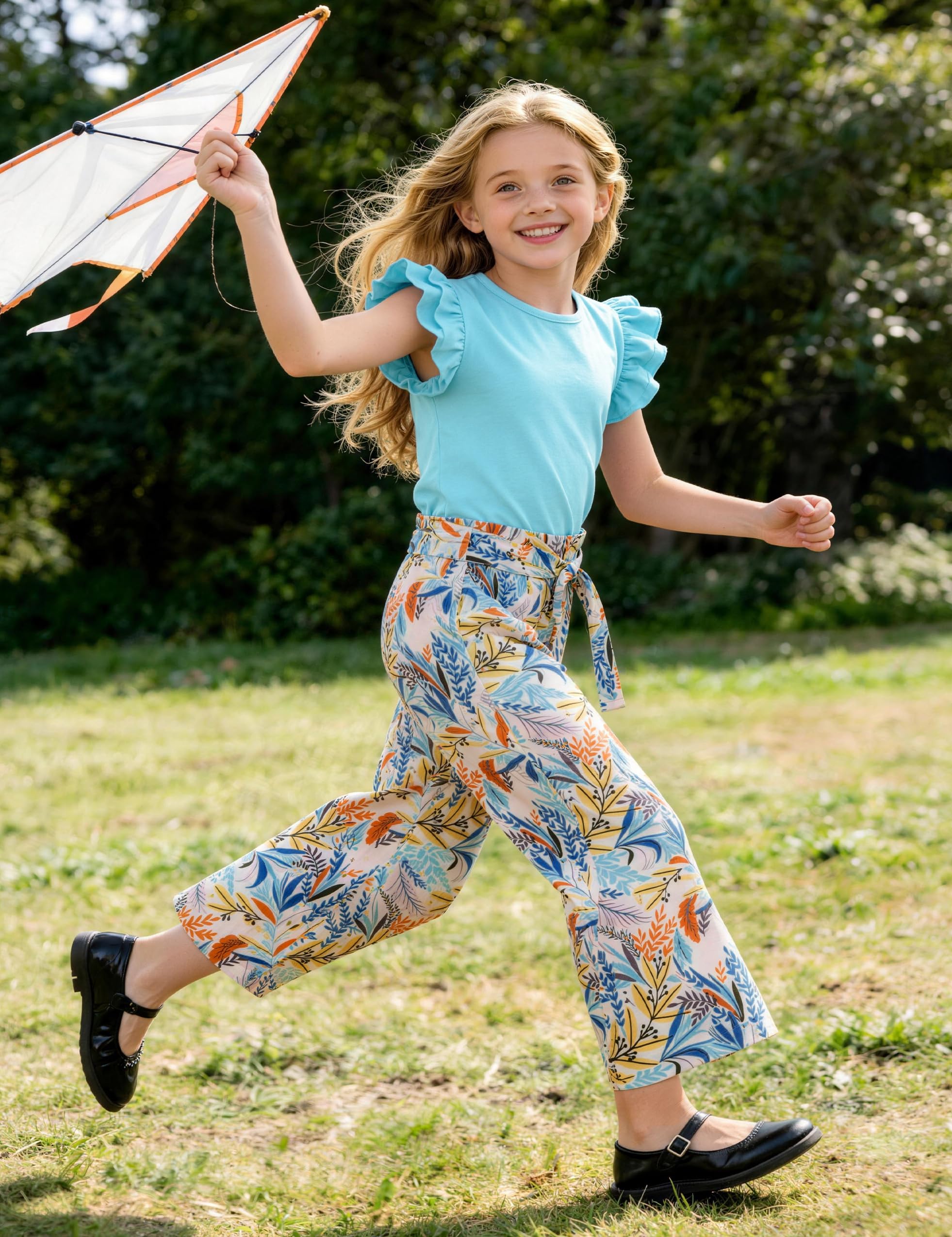 GEMLON Girls' Clothing Sets Solid Ruffle Sleeve Tank Top and Printed Wide Leg Pant 2 Piece Set Summer Outfits for Girls 5-14Y