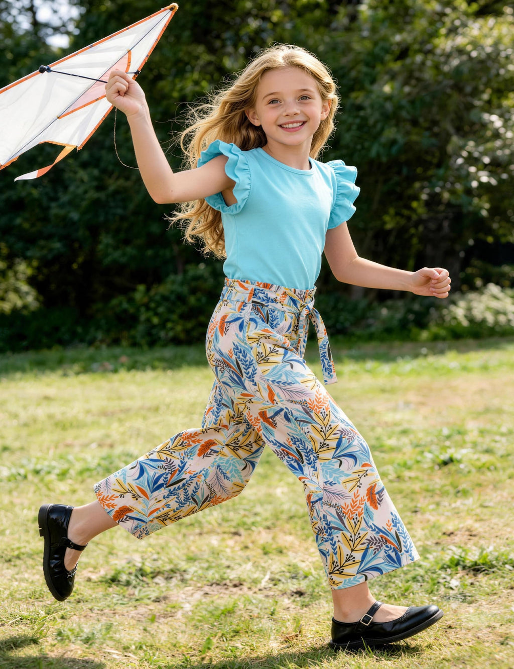 GEMLON Girls' Clothing Sets Solid Ruffle Sleeve Tank Top and Printed Wide Leg Pant 2 Piece Set Summer Outfits for Girls 5-14Y