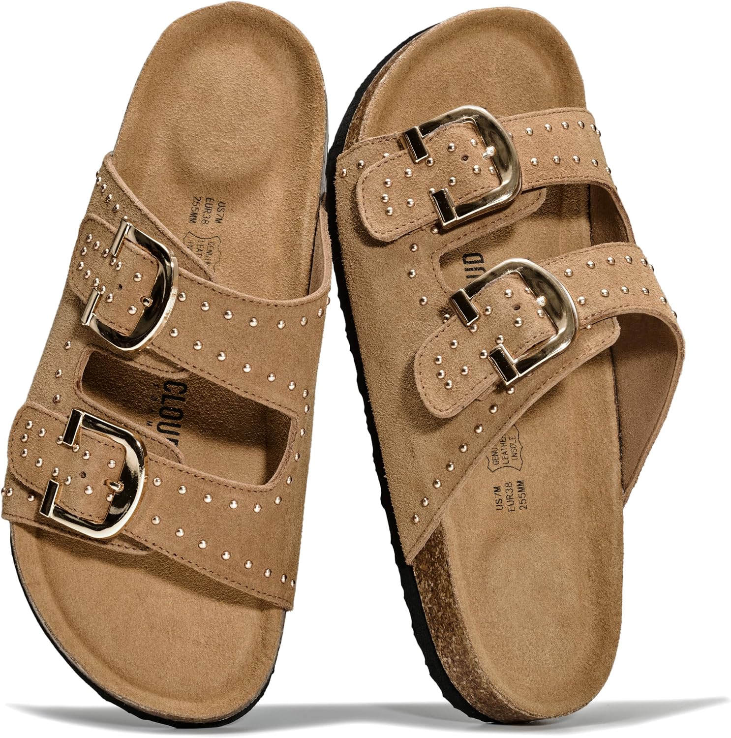 Project Cloud 100% Genuine Leather Flat Sandals For Women 2026 Cork Footbed Womens Sandals with Memory Foam and arch support Vacation Essentials Slides for Women Footwear (Venita)