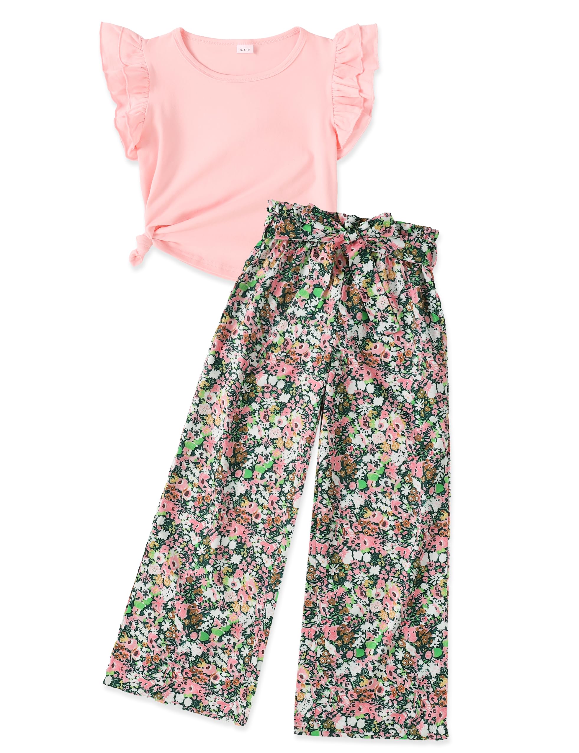 GEMLON Girls' Clothing Sets Solid Ruffle Sleeve Tank Top and Printed Wide Leg Pant 2 Piece Set Summer Outfits for Girls 5-14Y