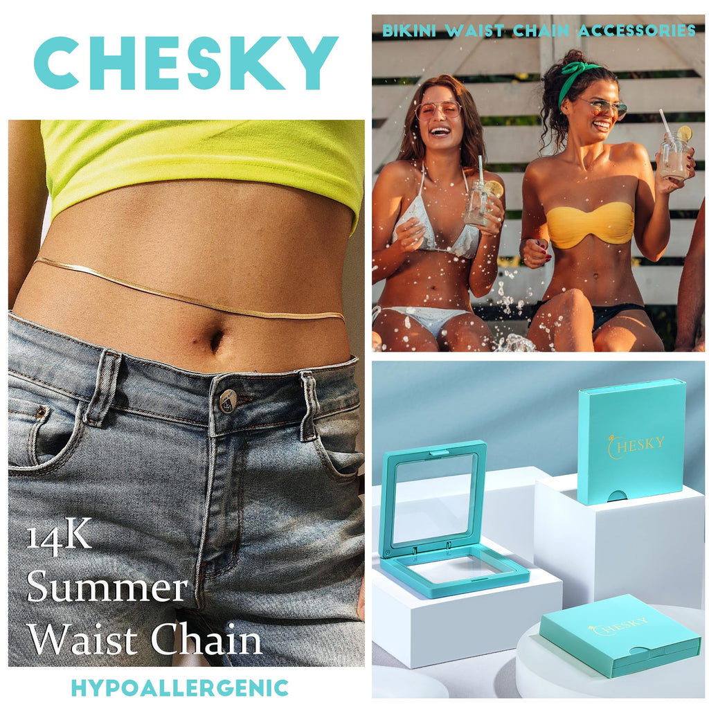 CHESKY 14K Gold Plated Silver Plated Waist Chain for Women, Layered Belly Belt Chains Beach Waist Beads Chain Waterproof Snake Cuban Body Chain Summer Jewelry Accessories for Women