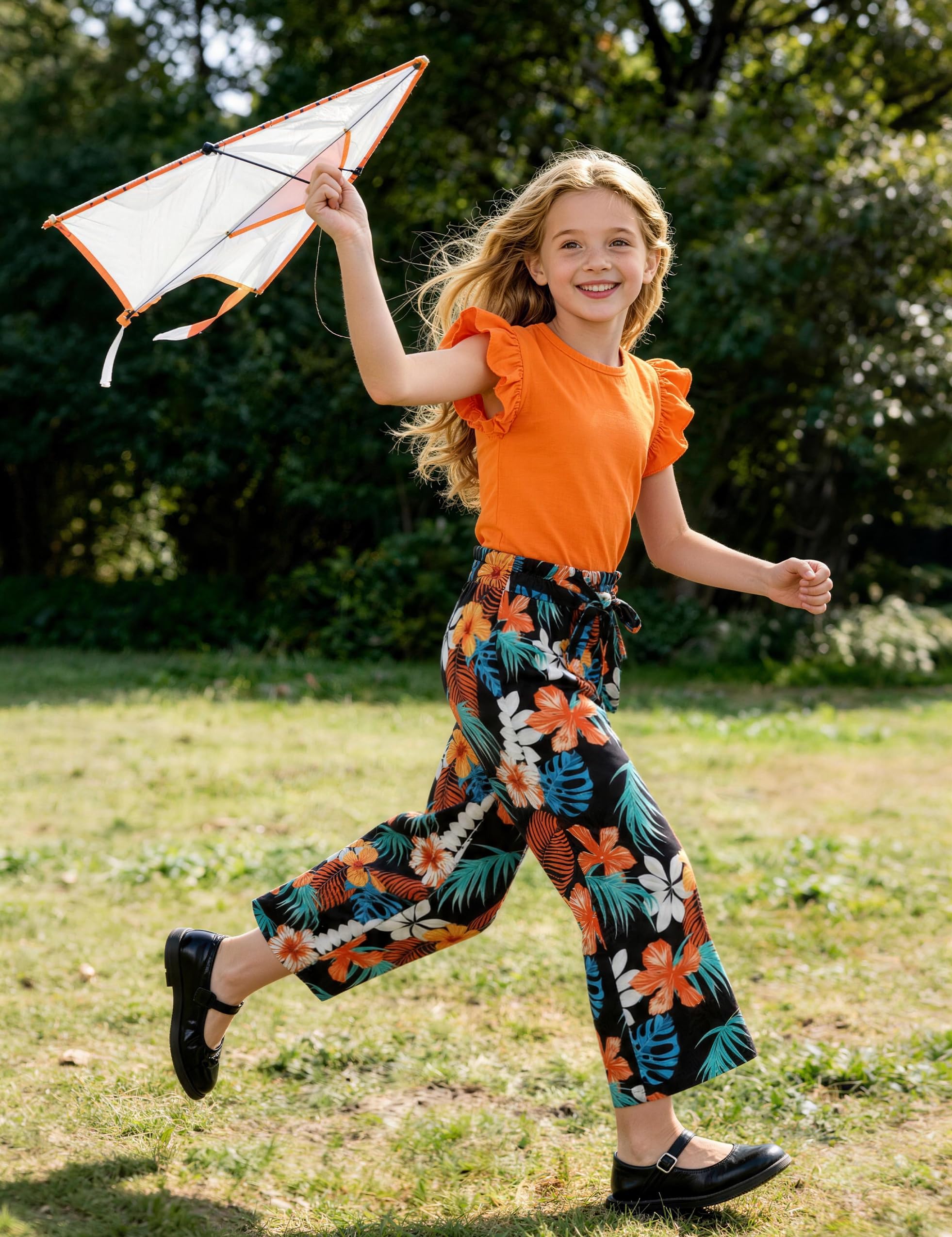 GEMLON Girls' Clothing Sets Solid Ruffle Sleeve Tank Top and Printed Wide Leg Pant 2 Piece Set Summer Outfits for Girls 5-14Y