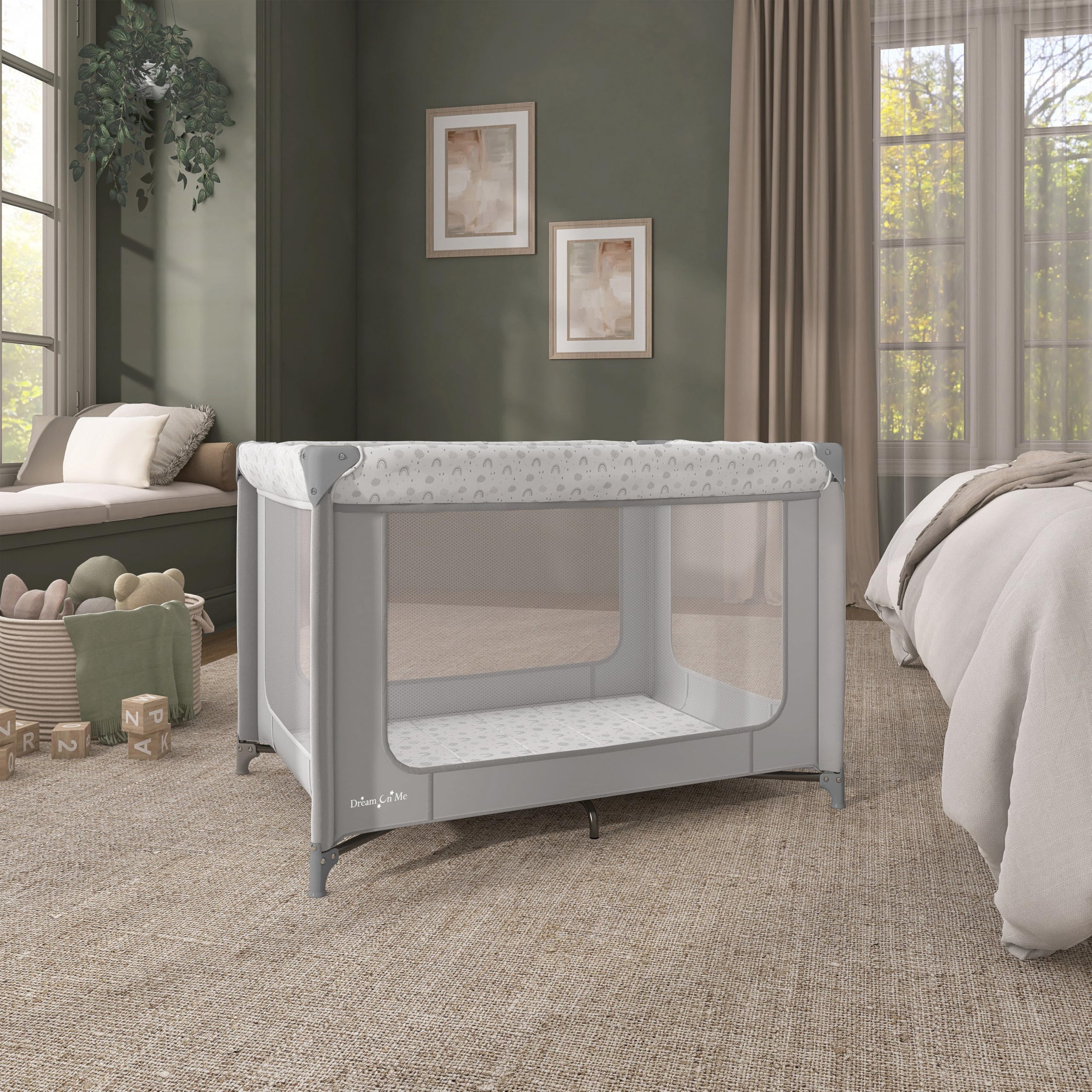 Dream On Me Zodiak Baby Playard, Breathable Mesh Sides, Soft Comfortable Mattress, Quick & Easy to Fold with Travel Carry Bag, Compact Space Saving Design - Cool Grey