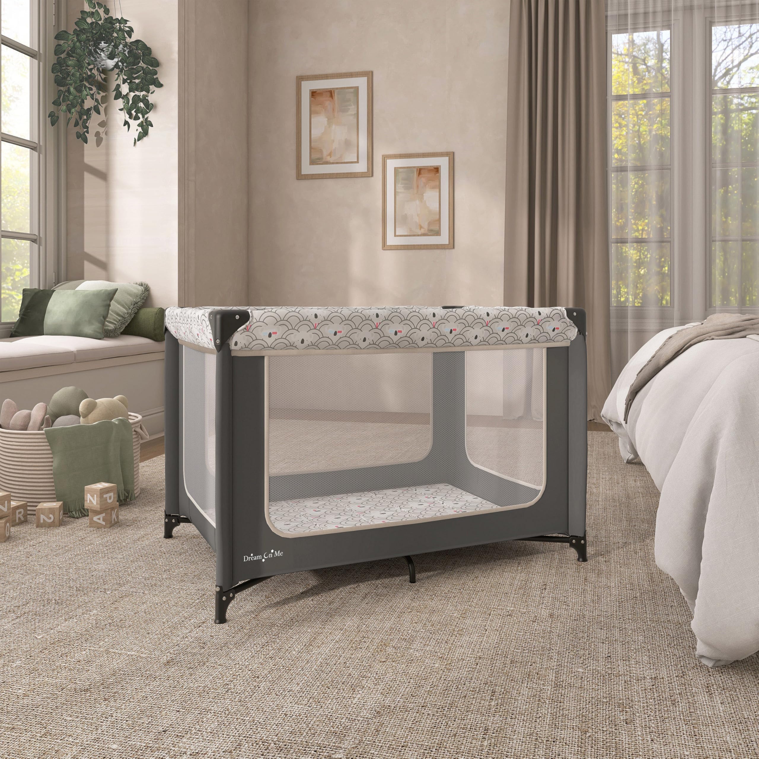 Dream On Me Zodiak Baby Playard, Breathable Mesh Sides, Soft Comfortable Mattress, Quick & Easy to Fold with Travel Carry Bag, Compact Space Saving Design - Cool Grey