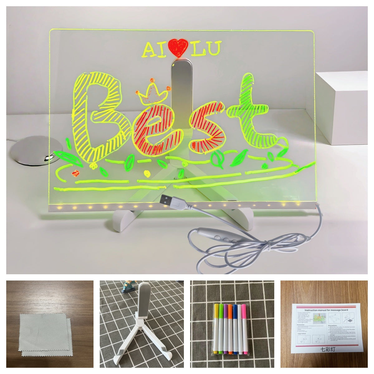 Children's Transparent Luminous Large Writing Board Household Erasable Small Whiteboard Acrylic Stand Message Board Cartoon with Light