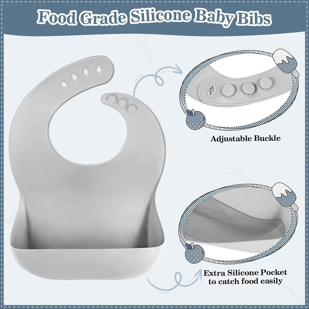Silicone Baby Feeding Set 10 Pcs Baby Led Weaning Supplies Suction Bowl Divided Plate Baby Bibs Fruit Feeder Pacifier Baby Spoons Forks Sippy Cup Utensil Sets Baby Essentials for Newborn Grey