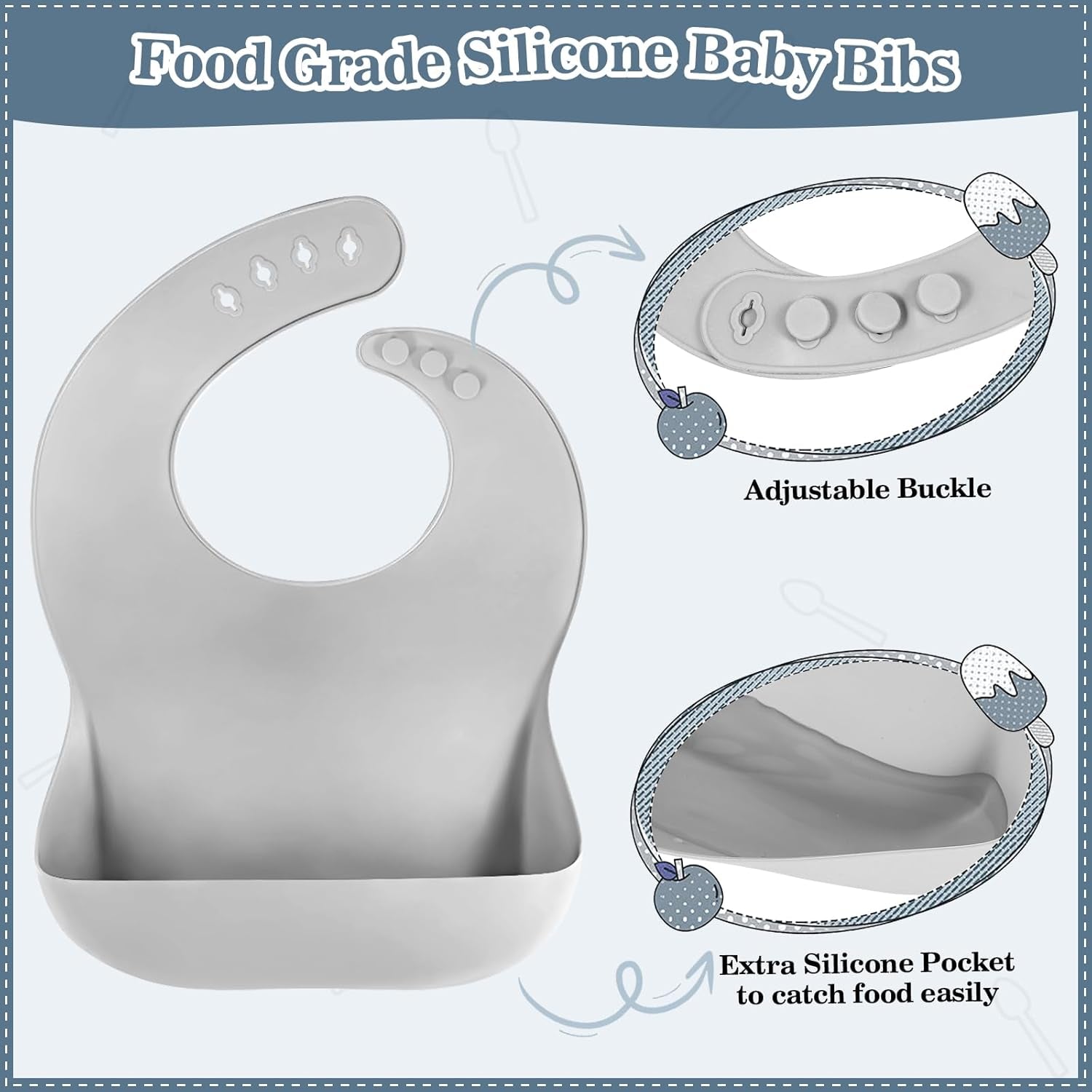 Silicone Baby Feeding Set 10 Pcs Baby Led Weaning Supplies Suction Bowl Divided Plate Baby Bibs Fruit Feeder Pacifier Baby Spoons Forks Sippy Cup Utensil Sets Baby Essentials for Newborn Grey