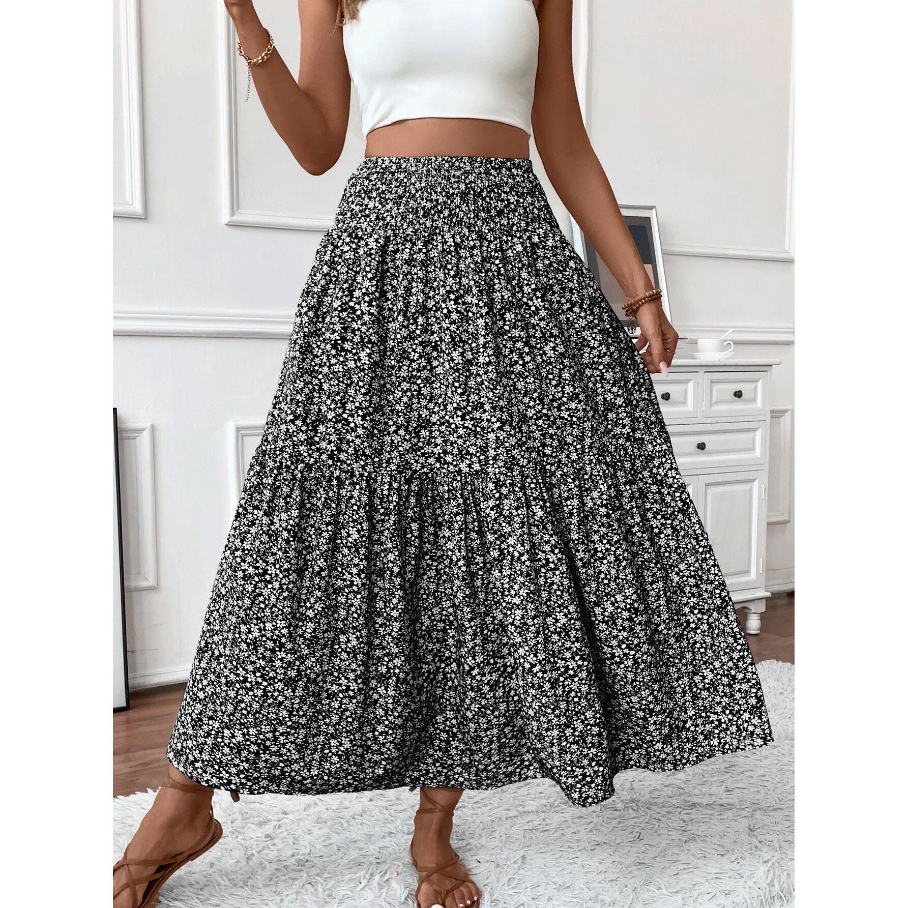 Floral Print High Waist A-line Skirt