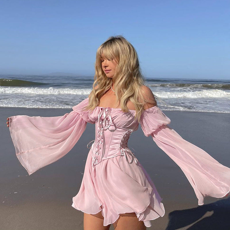 Asymmetrical One-Shoulder Chiffon Dress with Corset