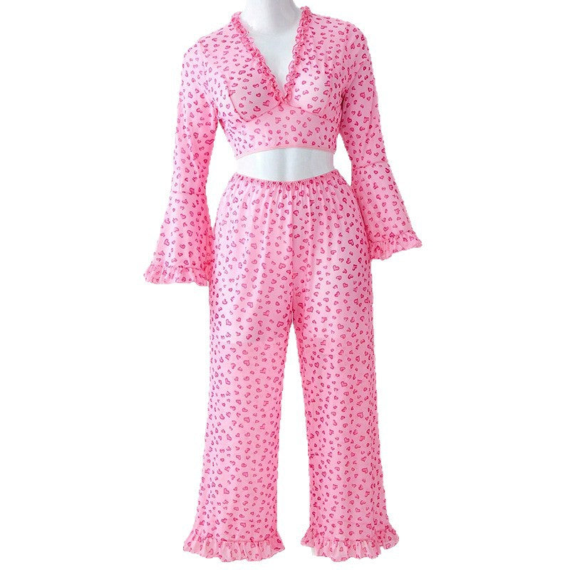 Sheer Lace Heart Print Pajama Set
