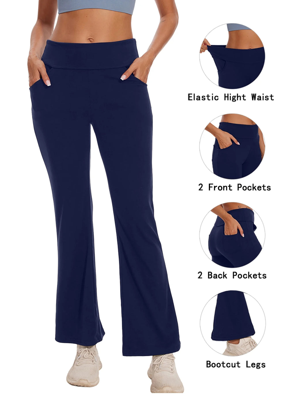 Womens Bootcut Yoga Pants Flare Legging with Pockets High Waist Lightweight Bottoms Workout Activewear Navy Blue 3XL